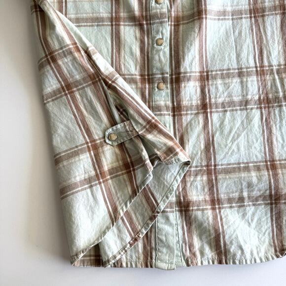 Tasha Polizzi 100% Cotton Plaid Ruffle Western Pearl Snap Lt‎ Aqua Tunic Shirt M - Picture 3 of 8